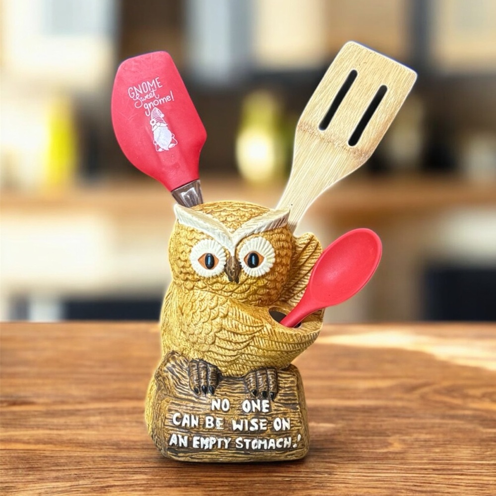 Vintage Owl Utensil Holder Kitchen Decor No One Can Be Wise On An Empty Stomach